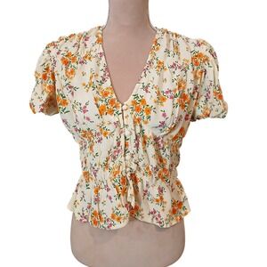 ASOS DESIGN Yellow Floral Smocked Peplum V Neck Short Sleeve Blouse Top US 6